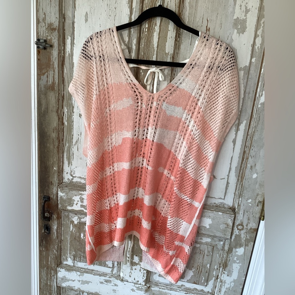POL Open-Knit Tie-Front Swim Cover-Up in Coral and Cream - Picture 3 of 9